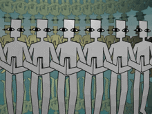 a drawing of a row of people with eyes on their heads