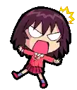 a pixel art drawing of a girl with purple hair and a red shirt .