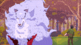 a cartoon of a man standing next to a white wolf