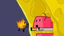 a cartoon character , fire , is standing next to a stapler .