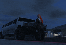 a woman with red hair is standing next to a white suv with a license plate that says ak