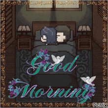 a pixel art of a couple laying in bed with the words good morning written on it