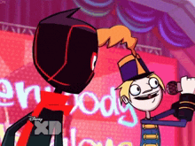 a cartoon character is holding a microphone in front of a sign that says everybody love