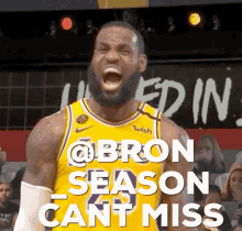 a basketball player in a yellow jersey with the words season cant miss behind him