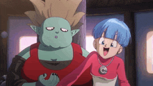 a girl with blue hair and a necklace that says c on it