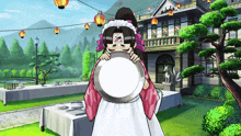 a woman in a maid outfit is holding a white plate