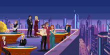 a group of people standing around pool tables in front of a city