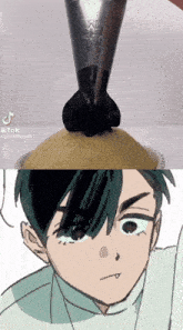 a drawing of a man with green hair is next to a picture of a cupcake being frosted