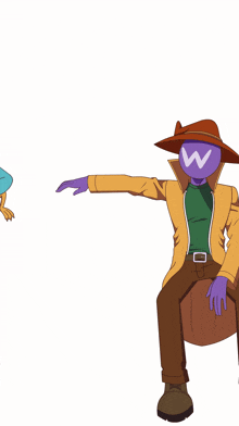 a cartoon character with a purple head and a hat with the letter w on it