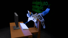 a 3d rendering of a cat sitting at a desk with the words " absolutely no " written on the wall behind it
