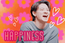 a picture of a man laughing with the word happiness written below him