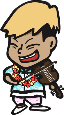 a cartoon of a man holding a violin with a lei around his neck