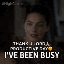 an animated image of a woman saying thank u lord productive day i 've been busy
