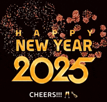 a happy new year 2025 cheers greeting card with fireworks in the background