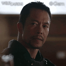 a close up of a man 's face with the words wildcards and gem on the bottom