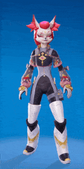 a cartoon character with a fox 's head and red hair is standing on a blue background