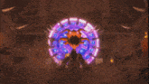 a purple ribbon is flying in the air in a video game scene