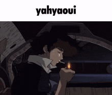 a cowboy bebop character is smoking a cigarette in a car