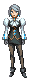 a pixel art of a woman standing on a white background wearing a dress and gloves .