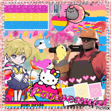 a man in a hard hat is holding a gun next to hello kitty and sailor moon