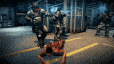 a man is laying on the ground while a group of soldiers chase him in a video game