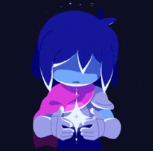 a cartoon character with blue hair and a pink scarf