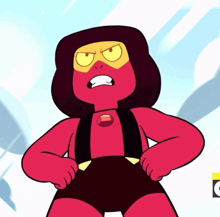 a cartoon character with a yellow face and a red body is standing with his hands on his hips