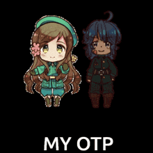 a girl and a boy are standing next to each other and the words my otp are below them