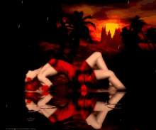 a woman in a red dress is laying on her stomach in the water