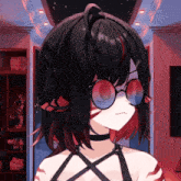 a girl with glasses and a choker looks angry