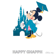 a picture of minnie mouse wearing a graduation cap and gown with the words proud of you happy ghapph
