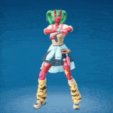 a girl with green hair and red skin is wearing a school uniform