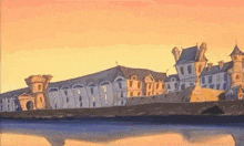 a painting of a city with buildings and a river in the background