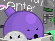 a purple ball and a white golf ball are in front of a sign that says enter name