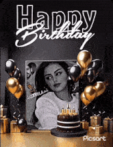 a happy birthday card with a picture of a woman on it