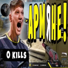a man is screaming in front of a banner that says apm she o kills