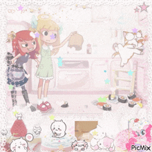 a picture of two girls in a kitchen with the word picmix on the bottom right