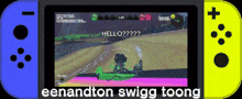 a blue and yellow nintendo switch with a video game on the screen