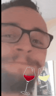 a man wearing glasses and a beard has two wine glasses drawn on his face