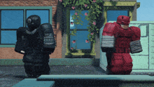 a man in a red costume is standing next to a man in a black suit