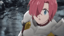 a girl with pink hair and blue eyes is wearing armor and a necklace .