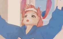 a cartoon girl with pink hair and a blue shirt that says a on it