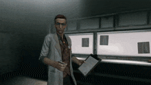 a man in a lab coat is holding a clipboard and a cell phone