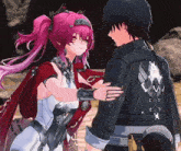 a girl with pink hair is hugging a man in a black jacket with the letter a on it
