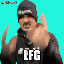 a man wearing a beanie and a hoodie with the word lfg written on it