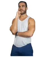 a man with a beard wearing a white tank top and blue shorts