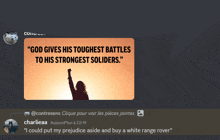 a picture of a woman with her fist in the air with the caption " god gives his toughest battles to his strongest soliders