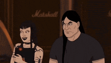 a man and woman are standing in front of a marshall sign