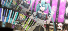 a girl with blue hair is standing in front of a piano
