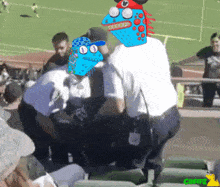 a cartoon drawing of a man with a blue monster head and the number 10 on his shirt